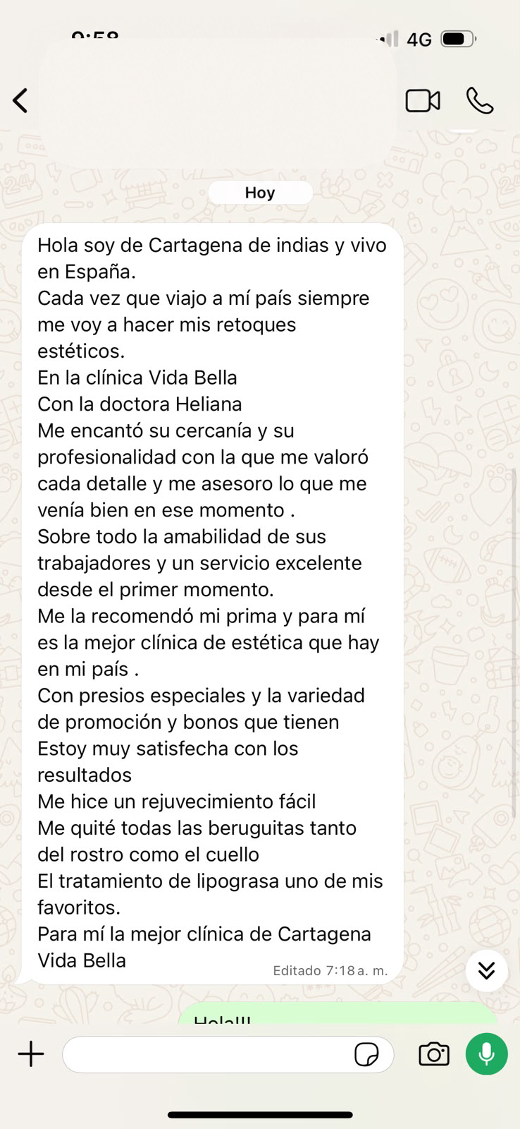 Testimonio de paciente sobre su experiencia y resultados en Vida Bella